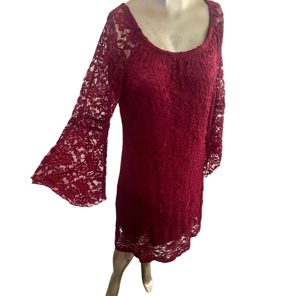 Vintage Jody California Womens XL Maroon Floral Lace Bell Sleeve Mini Dress USA
